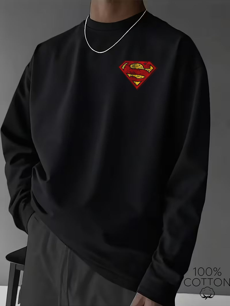 Superman Vintage Distressed Shield Logo Print, Men'S Breathable Athletic Long Sleeve T-Shirt, 100% Round Neck Casual Base Layer, Comfortable And Skin-Friendly for Sports, Exercise, Daily Outings - Black