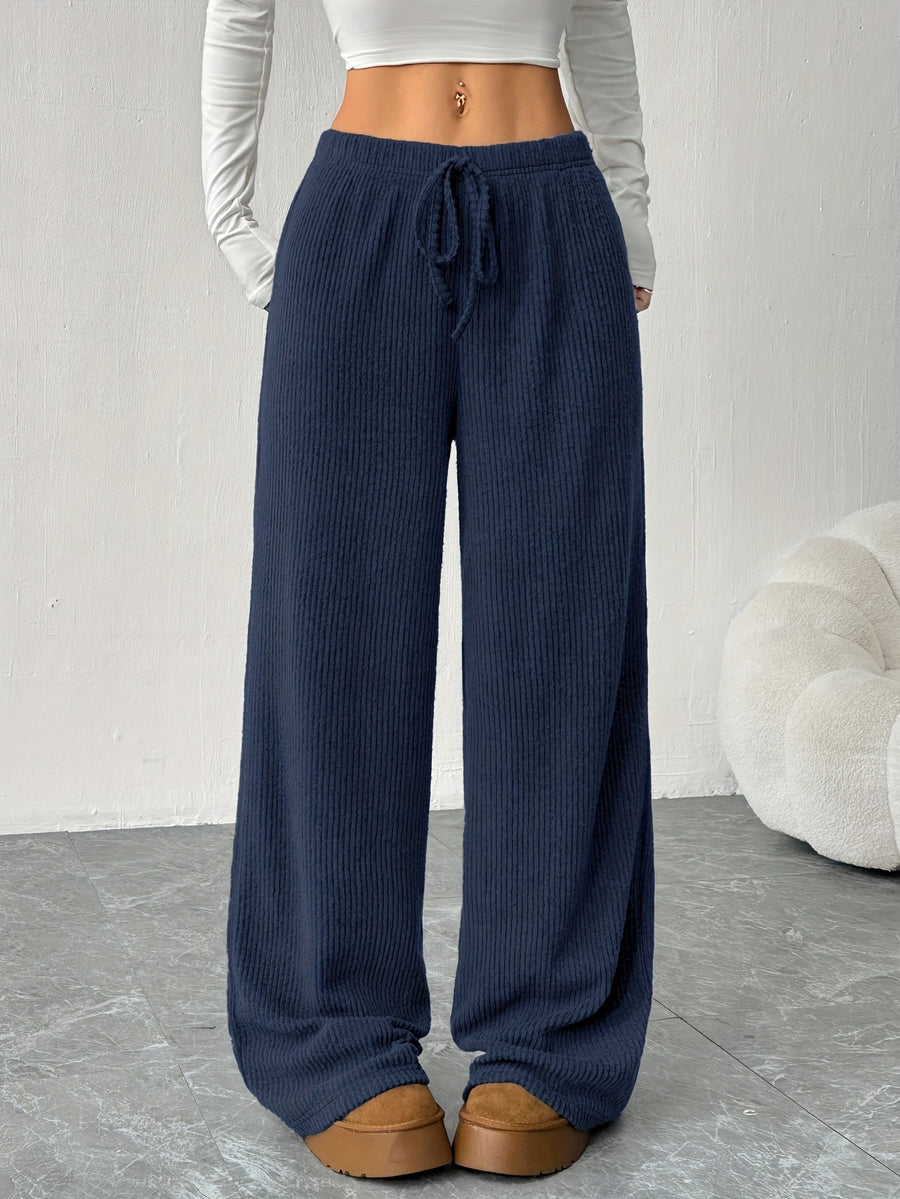 Women's Solid Color Straight Leg Loose Casual Sports Pants, New Style Ribbed Long Pants for Morning/Evening Run, Outing, Home, Perfect Choice for All Seasons, Machine Washable - Navy Color