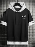 Color-Block Hooded Men'S Casual Letter Print Faux Two-Piece Short Sleeve T-Shirt - Black