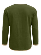 Men's Retro Color-Block Cotton And Linen Blend Button-Up Henley Long Sleeve Polo Shirt, 2pcs. Breathable & Relaxed Fit. Casual Outdoor, Work & Party Wear. Versatile Spring/Fall/Autumn Layering Essential - Dark Gray + Military Green