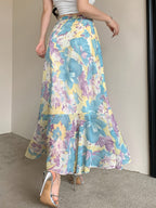 Women'S Elegant Snowflake Print Chiffon Ruffle Hem A-Line Dress, Summer, Back to Season Outfit - Lake Blue