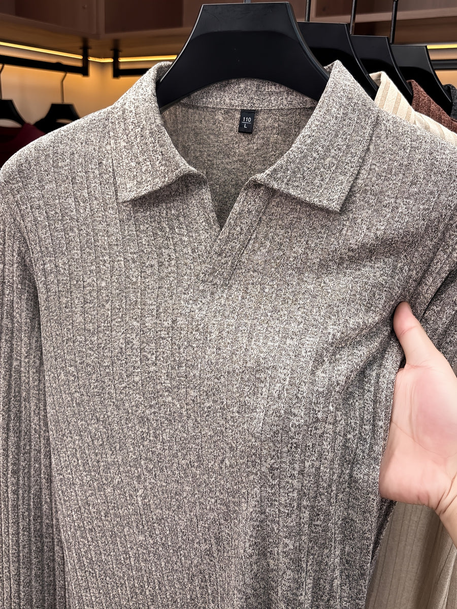 Men's Buttonless V-Neck Long-Sleeve Polo Shirt with Vertical Stripe Knit Lapel - Light Grey