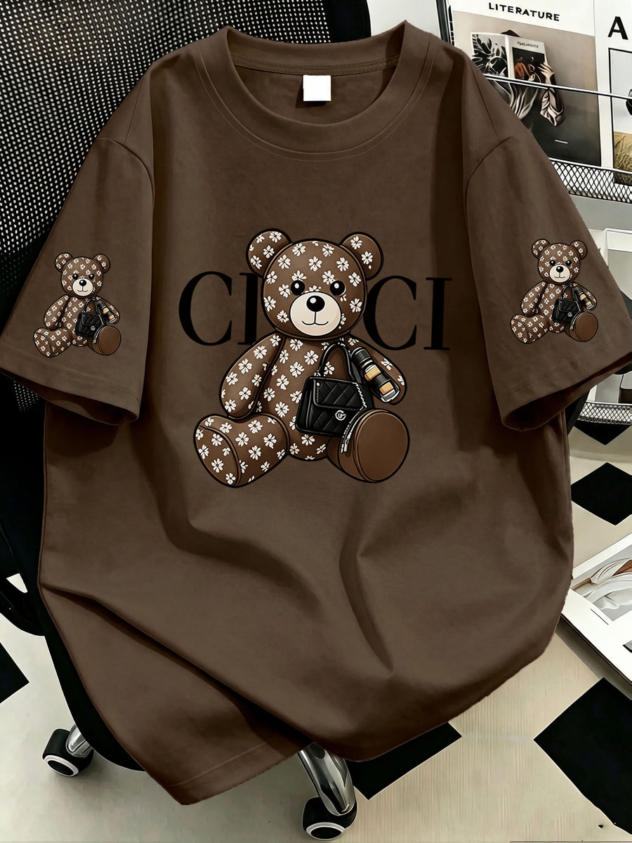 Plus Size, Plus-size Women's Crossbody Bag with Bear Print, Round Neck Short-sleeve T-shirt. Suitable for Summer Vacations, Beach, Holidays, Spring, Valentine's Day, Carnivals, Mother's Day Gifts; a Gift for Mom. Suitable for Daily Wear - Dark Brown