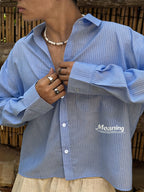 Men's Striped Long-Sleeve Shirt with Letter Iron-On Print, Trendy and Fashionable, Light Business Casual, Simple Four-Season Style, Short and Long-Sleeve Shirt - Blue