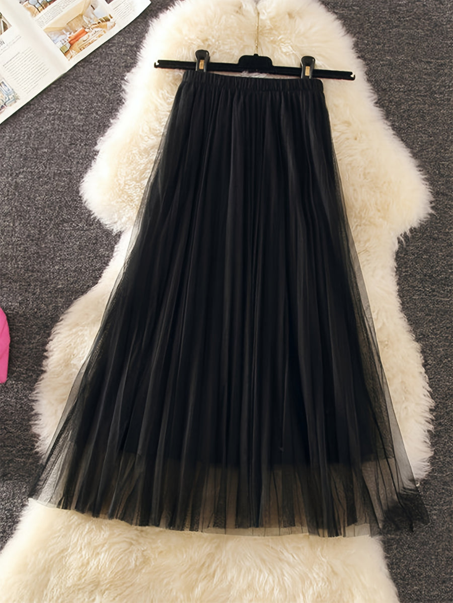 Mesh Skirt Women'S Spring And Autumn Korean Style Temperament A-Line Covering Hip Pleated Skirt Drape Small Person Yarn Skirt - Black