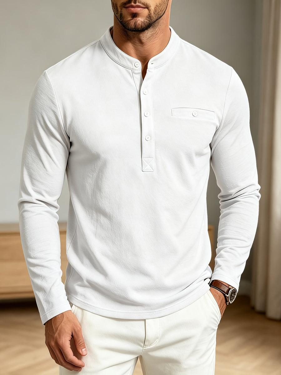 Men Spring Autumn Textured Mandarin Collar Henley 5-button Long Sleeve Top. Slim Soft Breathable Wrinkle-resistant Long Tee for Daily Business Commute & Casual Wear. - White