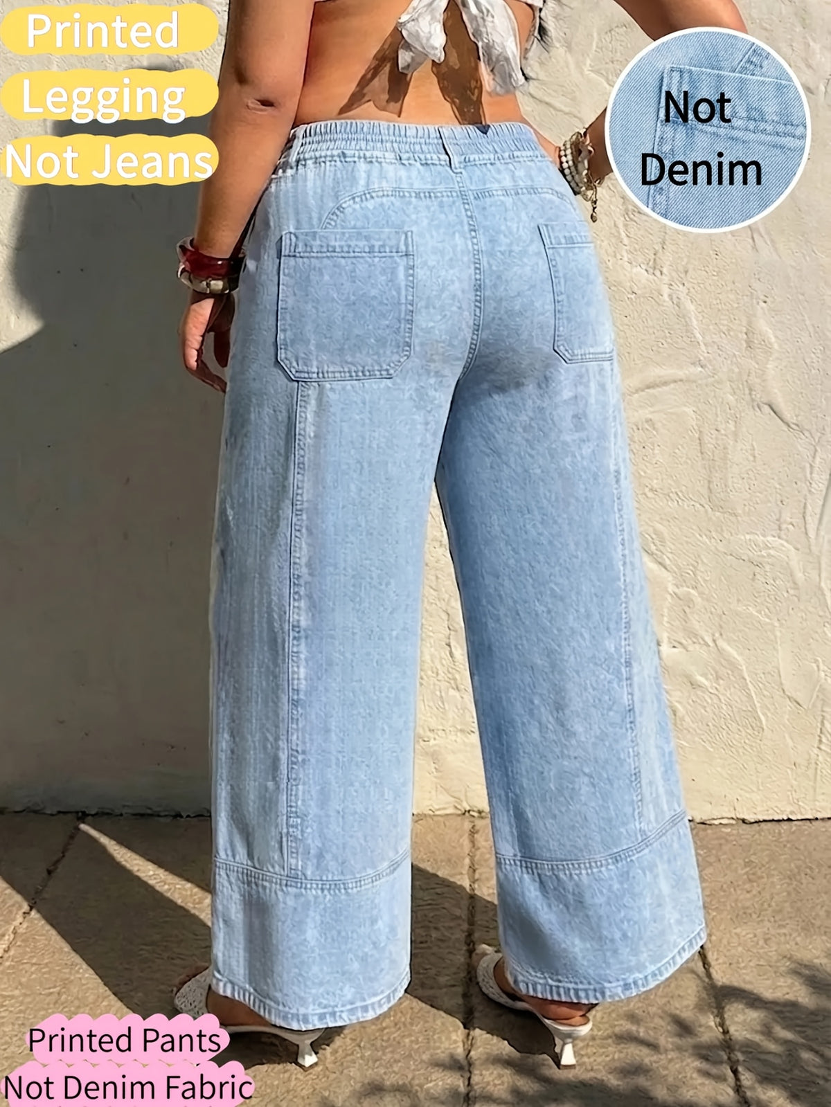 [Printed Pants - Not Denim Fabric]Plus Size - [Printed Pants - Not Faux Denim Fabric]Plus Size - [Printed Pants - Not Faux Denim Fabric] Plus Size Women'S Clothing, Women'S Stretch Printed Faux Denim Ankle Pants, Stretch Faux Denim Fabric - Light Blue