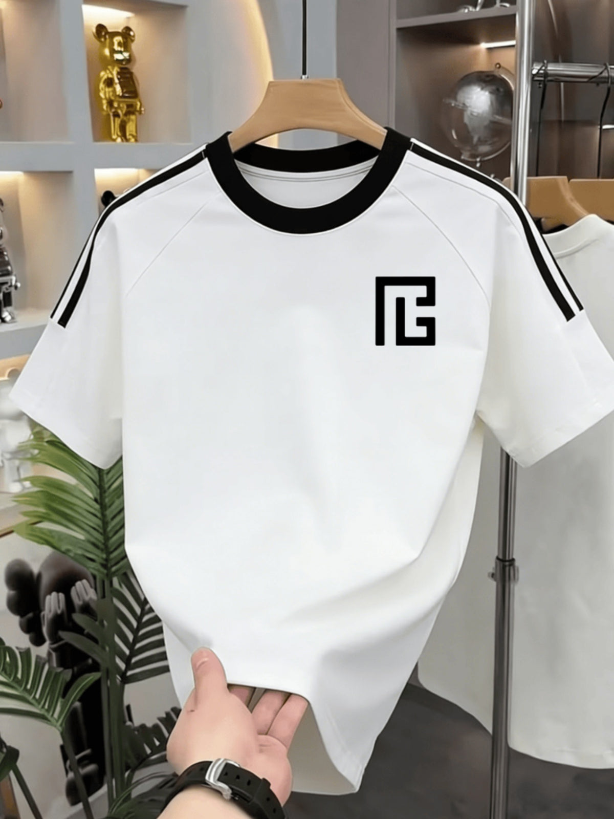 100% Cotton 220g Unisex T-shirt, Classic Fashion Stripe and Color-block Design, Comfortable and Versatile Casual Top for Daily Wear, Couples, and Sports - White