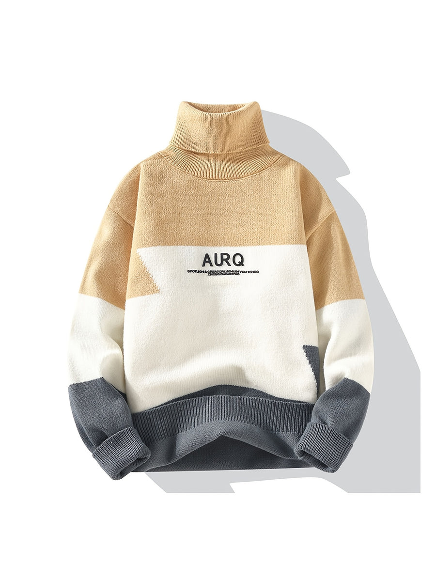 Autumn and Winter New Youth Men's High Collar Multi Color Splicing Letter Jacquard Knitted Sweater Warm Sweater Fashionable, Casual and Versatile - Khaki