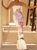 Women'S Elegant Fashion French Floral Print Sleeveless Bandeau Bodycon Butt-Hugging Tailored Evening Vacation Wedding Dress Suitable for New Year Valentine'S Day Party Graduation Gift Wedding Bridesmaid Gown - Mixed colors