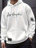 Men's Autumn/Winter Letter Print Pattern -Lined Hooded Sweatshirt, Versatile Sporty Casual Loose Fit Hoodie - White