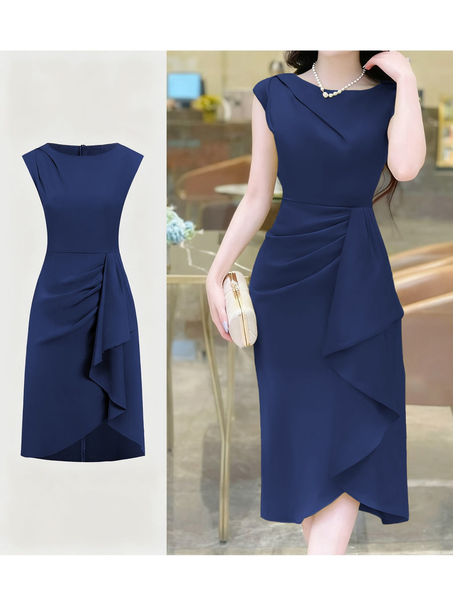 Spring-Summer Pleated Asymmetrical Elegant Design Women's Dress Gown - Navy Color