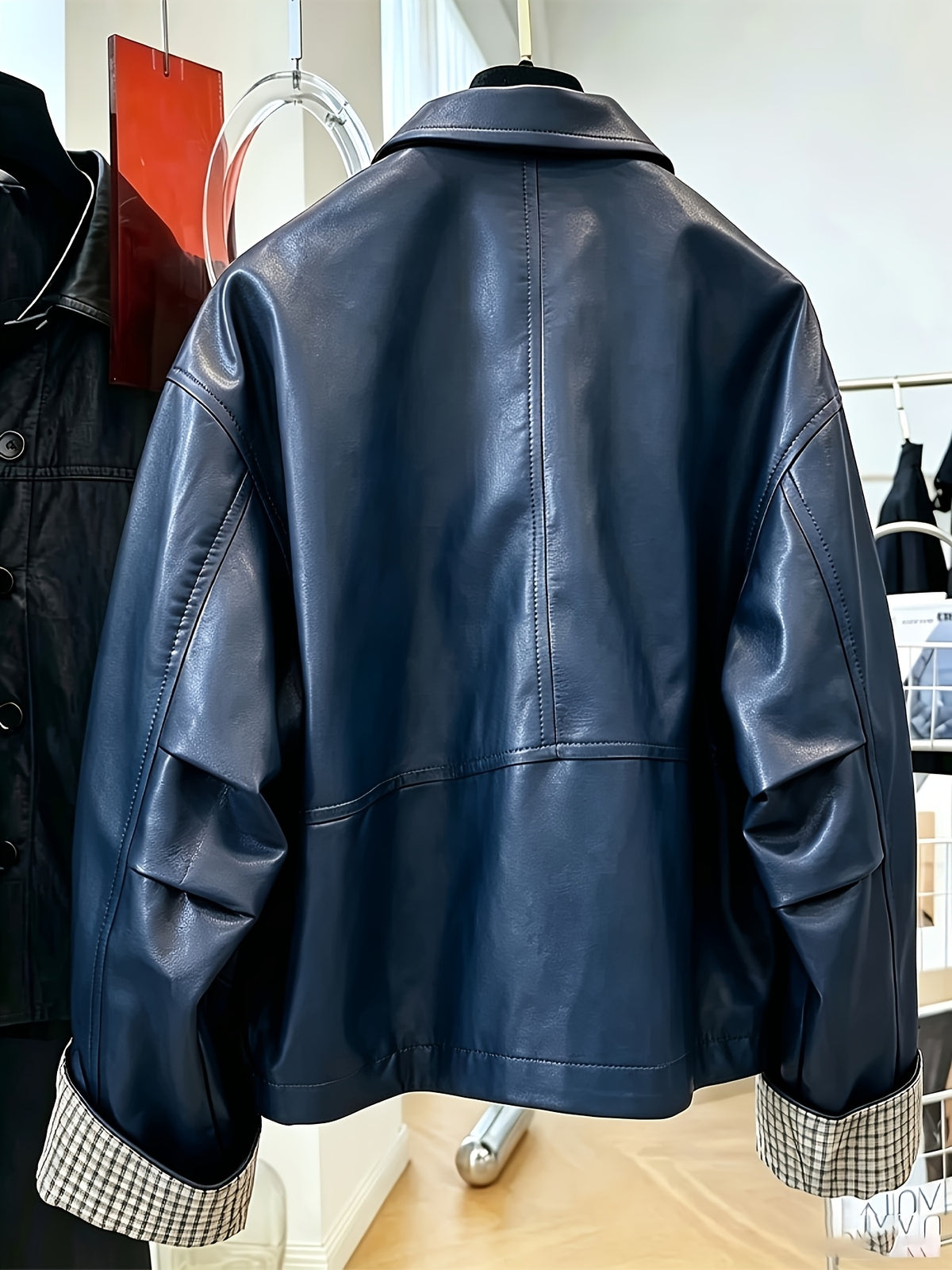Contrast Sleeve Statement Jacket. Motorcycle Riding Windproof Outerwear - Navy Color