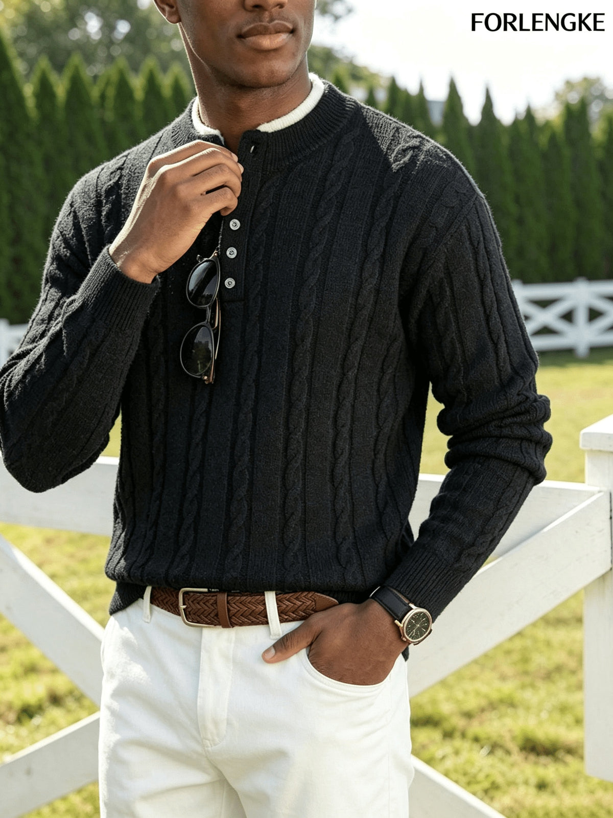 FORLENGKE Autumn and Winter Men's Henry Collar Cable Knit Sweater with a Vintage 3D Twist Texture, Half-High Neck Long Sleeve Pullover, Exquisite Half-Button Design, Perfect for Casual Layering or Wearing Alone for Everyday Outings or Dates - Black