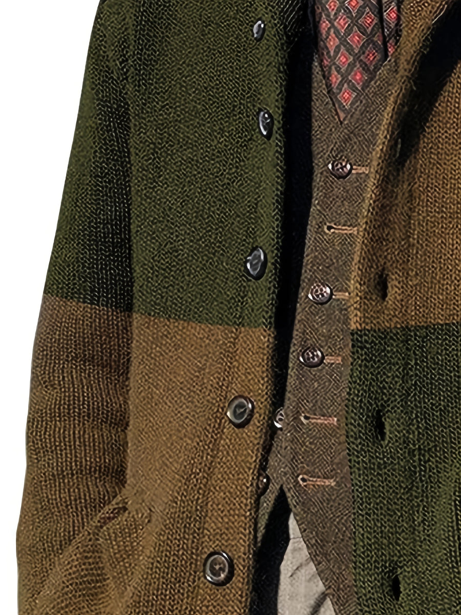 Men's Autumn and Winter New Style Lapel Single Breasted Cardigan Color Blocked Fashionable Casual Business Versatile Slim Fit Skin Friendly Comfortable Soft Warm Long Sleeved Pocket Durable Sports Vitality Simple Knitted Sweater - Army Green