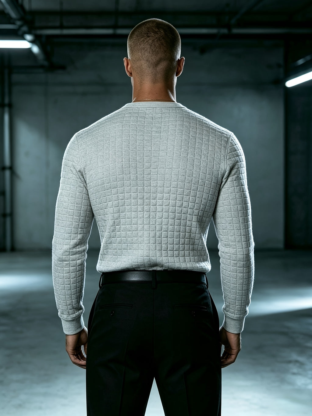 Autumn New Men'S White Checkered Henley Long Sleeve T-Shirt, Henley Collar Textured Top, Easy Rugged Slim Fit, Salon Gathering Casual Wear, Easy Fashion, Men'S Half-Open Long Sleeve - Light Grey