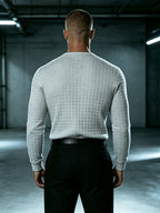 Autumn New Men'S White Checkered Henley Long Sleeve T-Shirt, Henley Collar Textured Top, Easy Rugged Slim Fit, Salon Gathering Casual Wear, Easy Fashion, Men'S Half-Open Long Sleeve - Light Grey