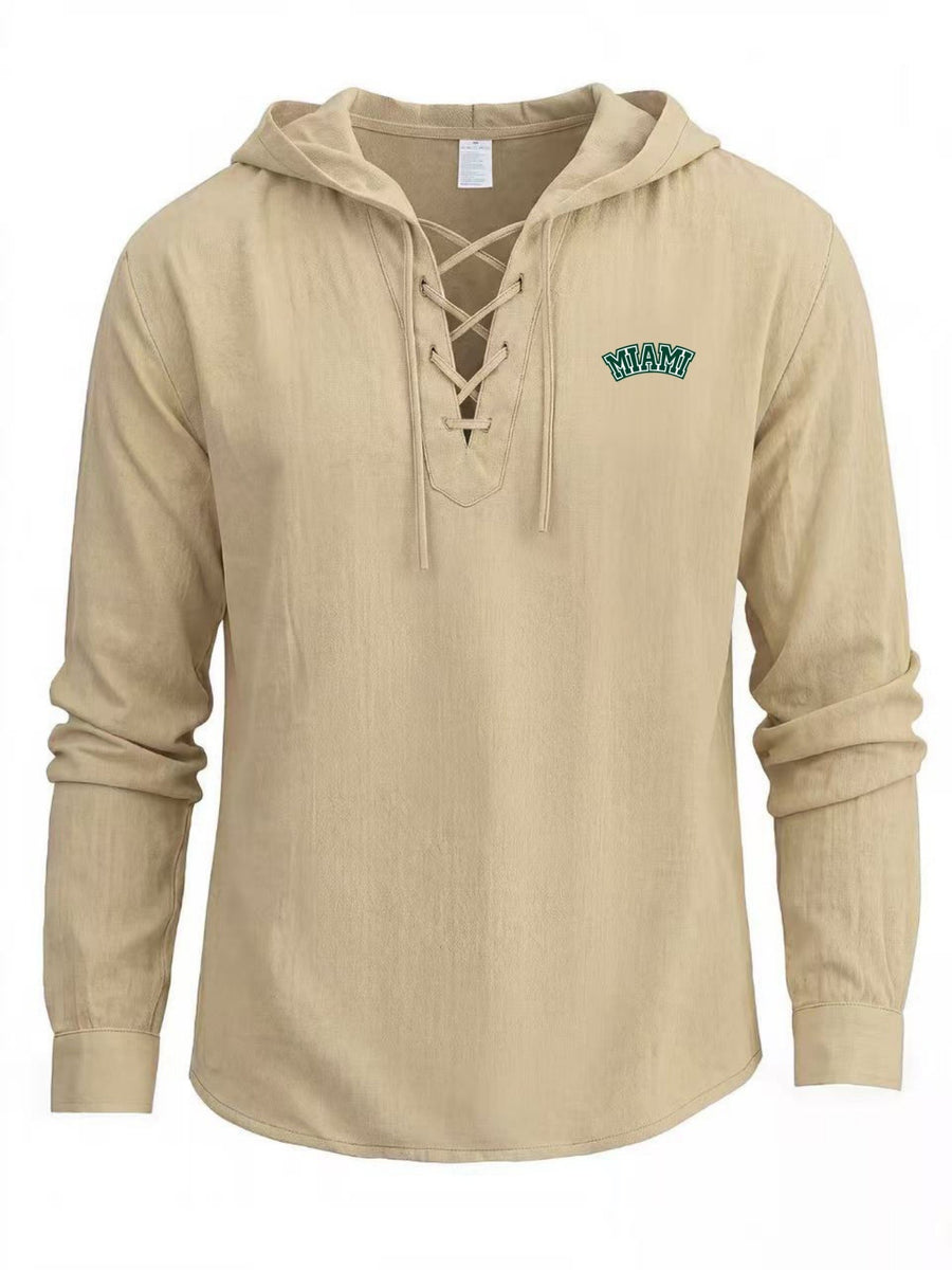 Men's Fashion Light Business Hooded Long-Sleeve Top, V-neck with Criss-Cross Tie to Define Lines, Subtle MIAMI Curved Letter Print for a Minimalist and Restrained Look. Suitable for Both Office Commutes and Casual Dates, with Clean Cut Lines - Khaki