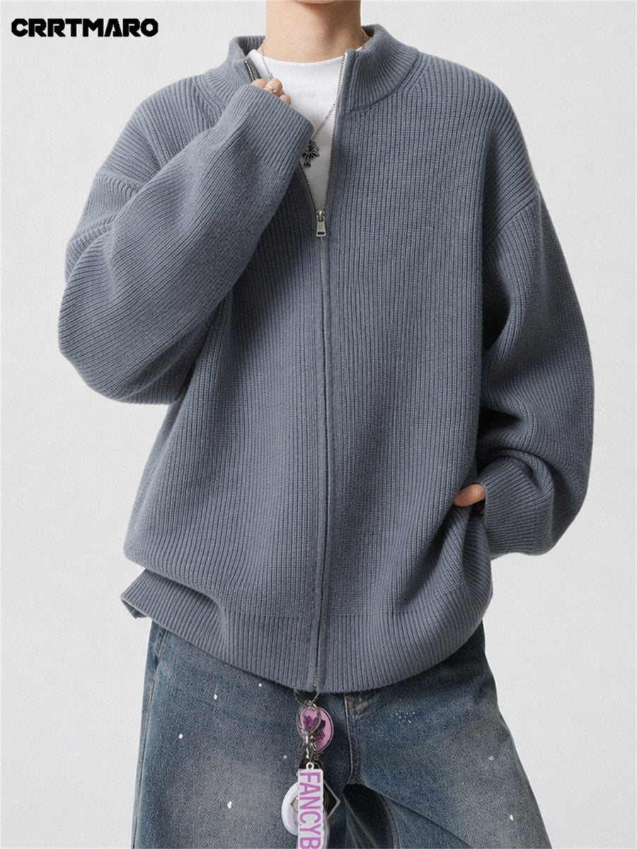 Men'S Heavyweight Thick Striped Zip Neck Stand Collar Knit Cardigan, Warm Casual Layering Top for Fall And Winter - Grey