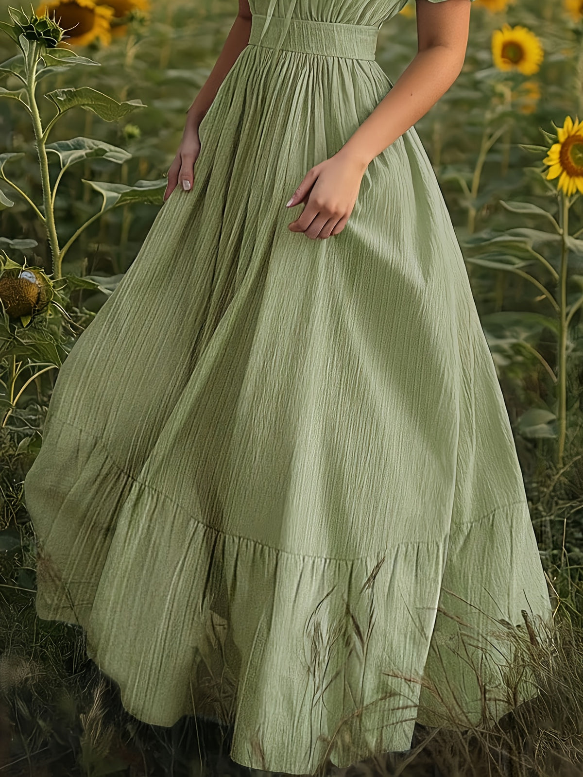 Fashionable And Elegant Textured Square Neck Dress Puff Sleeve Waist Tie Cake Long Dress French Gentle Style First Love Dress - Mint Green