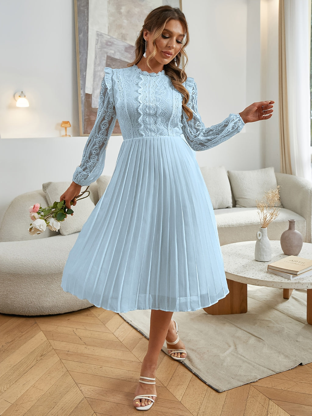 Women's Stand Collar Long Sleeve Lace Dress, Wavy Lace Trim Openwork Lace Top, High Waist Pleated Chiffon Midi Skirt, Commuting and Banquet Slim Fit A-Line Skirt, Elegant Pleated Cocktail Party Dress, Elegant Bridesmaid Dress - Light Blue