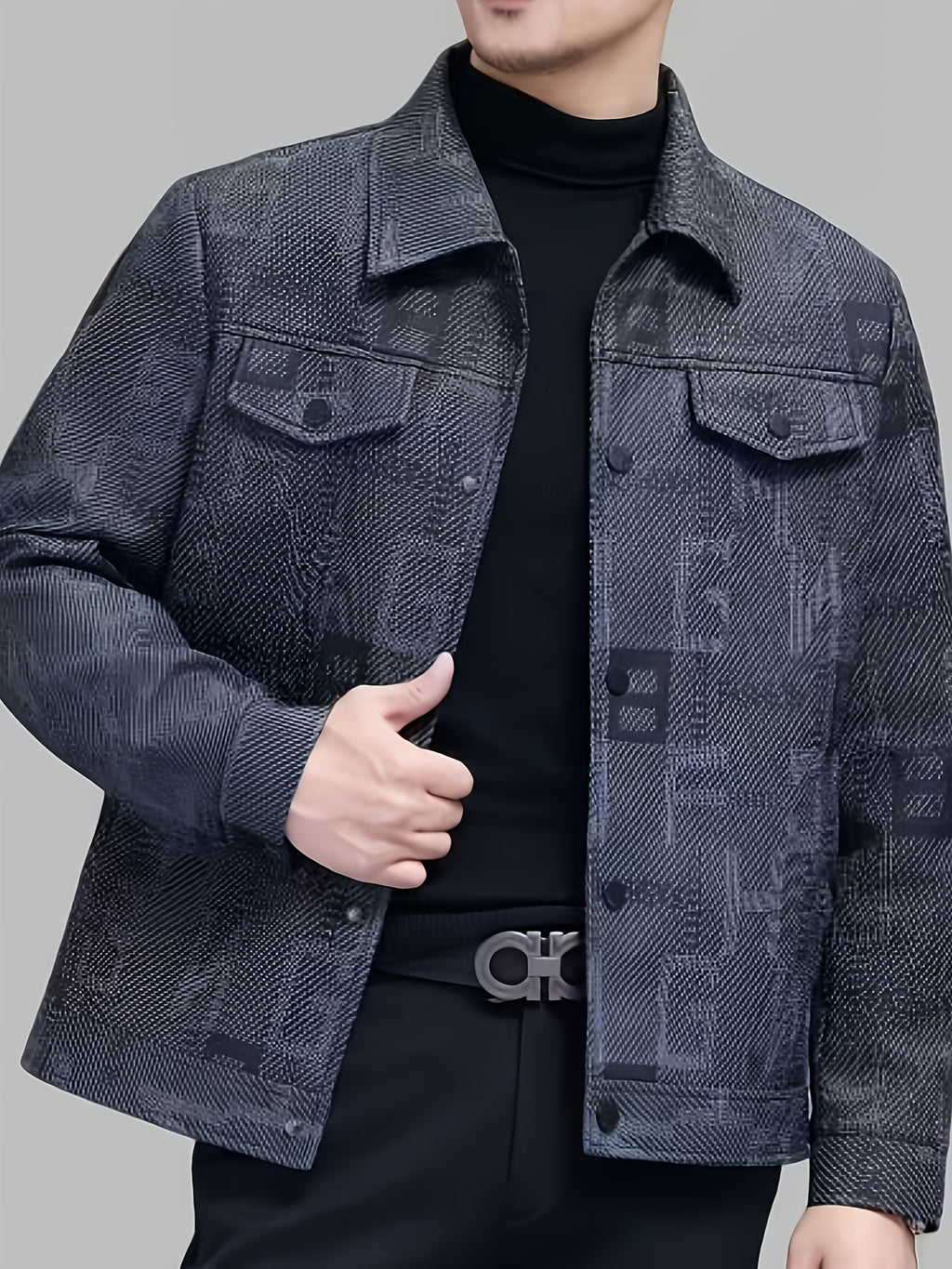 Men's Jacket PU Letter Print Outerwear Spring Autumn Winter - Sea Blue