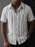 Men'S New Retro Striped Short Sleeve Shirt, Vertical Stripe Design Exaggerates Temperament, Breathable Fabric Non-Sweaty, Single Pocket Detail Full, Loose Fit Non-Pick Body, Daily Commute Casual Street Men'S Trendy Fashion Shirt Top - Blue