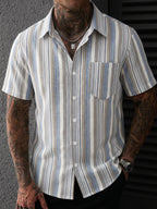 Men'S New Retro Striped Short Sleeve Shirt, Vertical Stripe Design Exaggerates Temperament, Breathable Fabric Non-Sweaty, Single Pocket Detail Full, Loose Fit Non-Pick Body, Daily Commute Casual Street Men'S Trendy Fashion Shirt Top - Blue