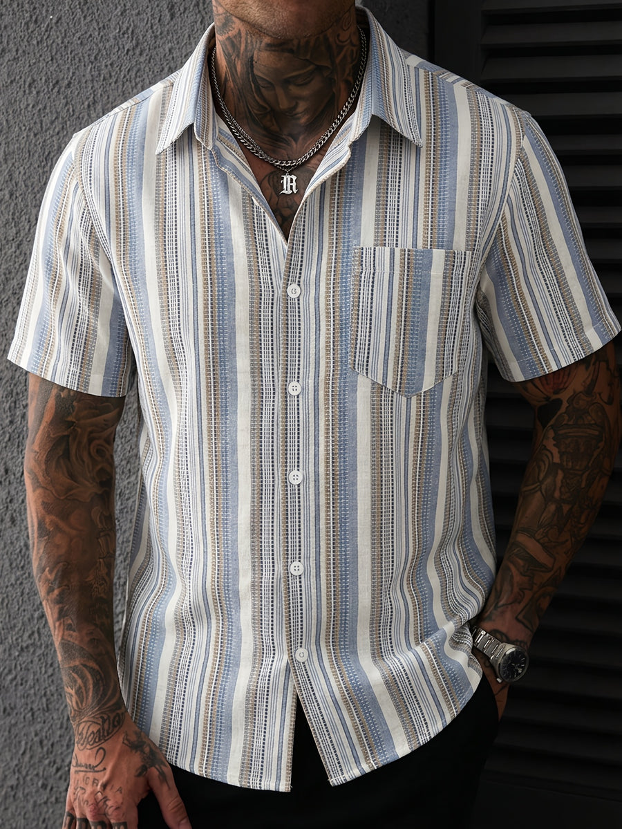 Men'S New Retro Striped Short Sleeve Shirt, Vertical Stripe Design Exaggerates Temperament, Breathable Fabric Non-Sweaty, Single Pocket Detail Full, Loose Fit Non-Pick Body, Daily Commute Casual Street Men'S Trendy Fashion Shirt Top - Blue