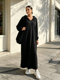 Plus Size, Autumn/Winter Lazy Leisure Y Home Pajamas, Long-Sleeve Drawstring Hooded Dress - Black