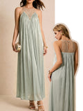 Elegant Water-Like Satin A-Line Loose Dress, Sequined Mesh Patchwork Pleated Dress, Belted Design, Loose Fit with High Waist and Inclusive Fit, Elegant Women's Clothing, Hot Outfits for Women, Girly Style Items, Casual and Elegant Women's Wear - Green
