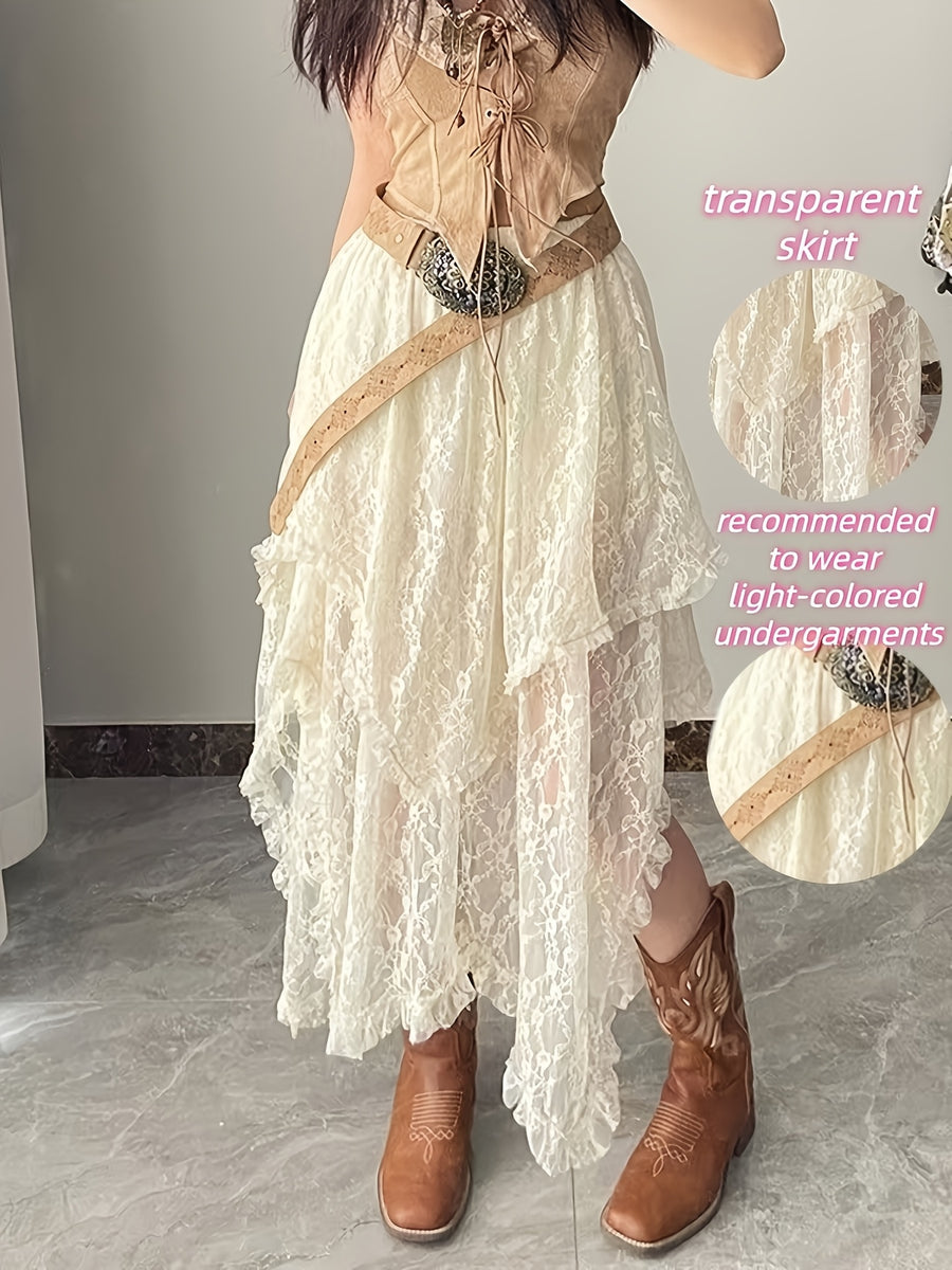1307 Versatile Layered Irregular Lace Skirt, Bohemian Vacation Style Half Skirt - Beige