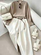 New Women's Elegant Casual Long-Sleeve Shirt + Straight-Leg Pants Set, Belt Not Included - Coffee+White