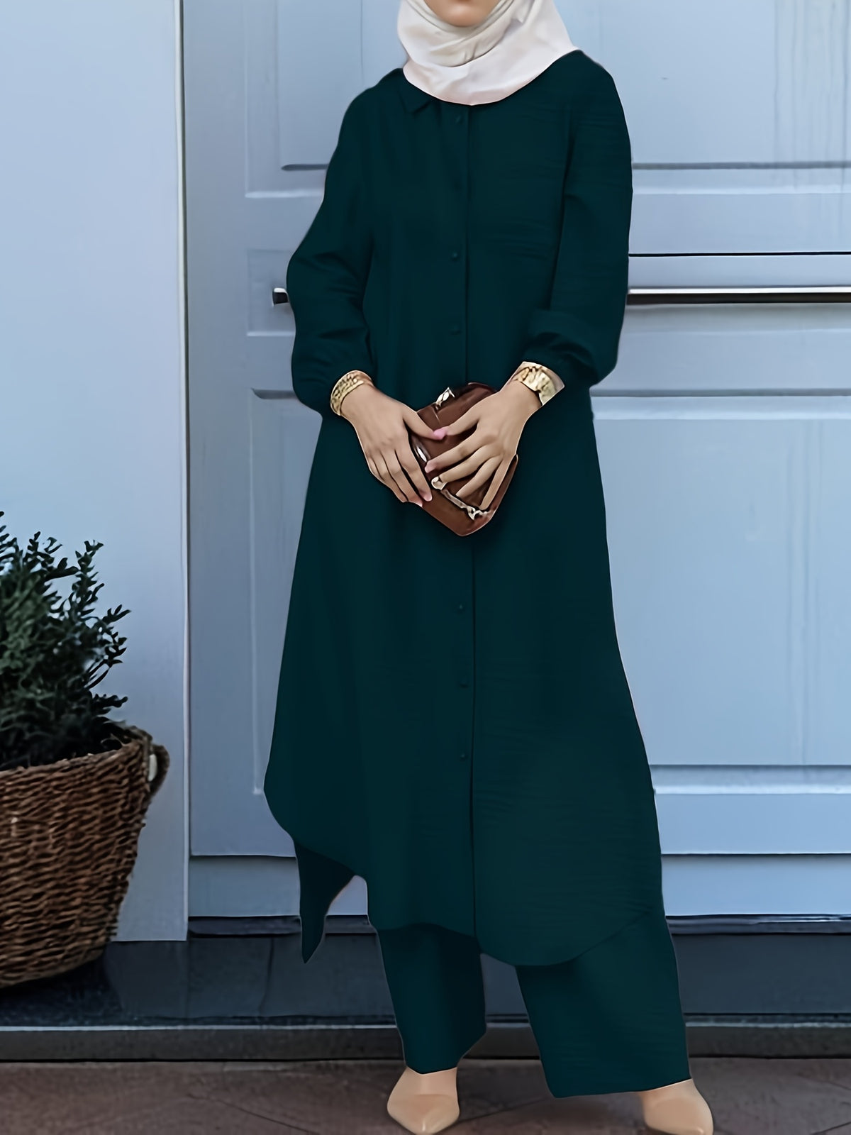 New Arabian 2pcs Abaya Set - Women'S Elegant Multi-Button Solid Color Long Sleeve Wide-Leg Trousers Without for Ramadan Spring Autumn Daily Commute - Dark Cyan
