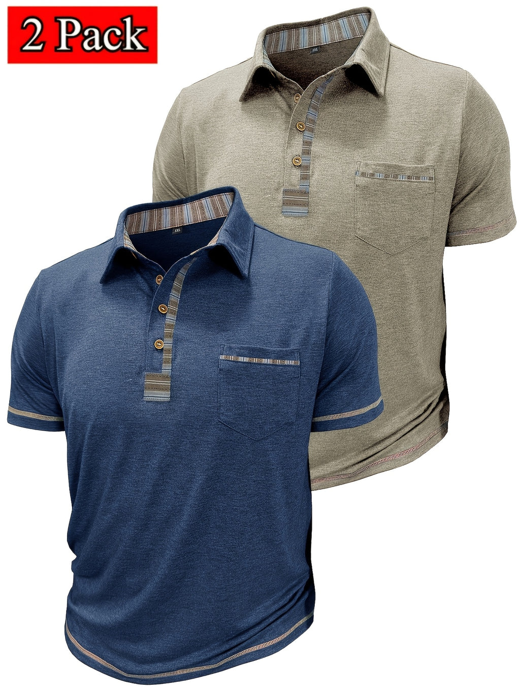Set of 2 Men'S Short-Sleeve Polo Shirts, Casual Vintage Collared Pocket Tees, Henley Shirts - Navy Blue + Apricot