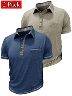 Set of 2 Men'S Short-Sleeve Polo Shirts, Casual Vintage Collared Pocket Tees, Henley Shirts - Navy Blue + Apricot