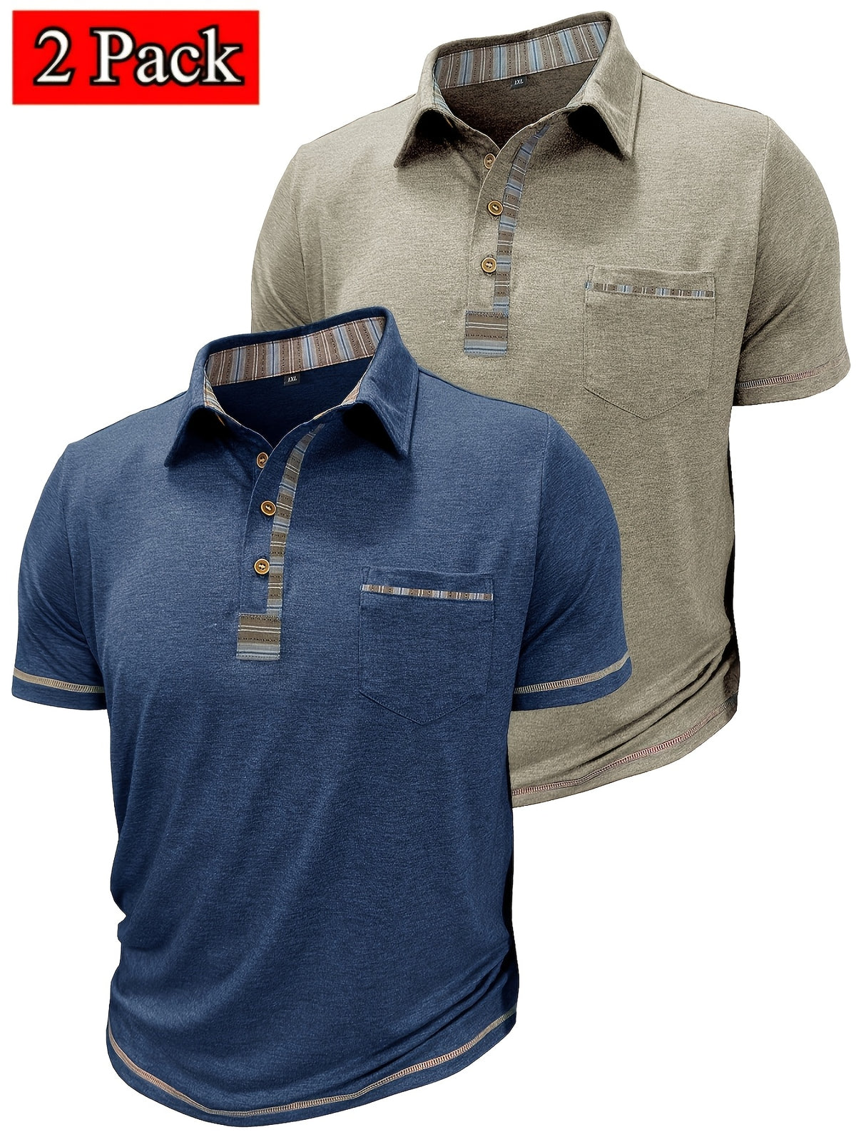 Set of 2 Men'S Short-Sleeve Polo Shirts, Casual Vintage Collared Pocket Tees, Henley Shirts - Navy Blue + Apricot