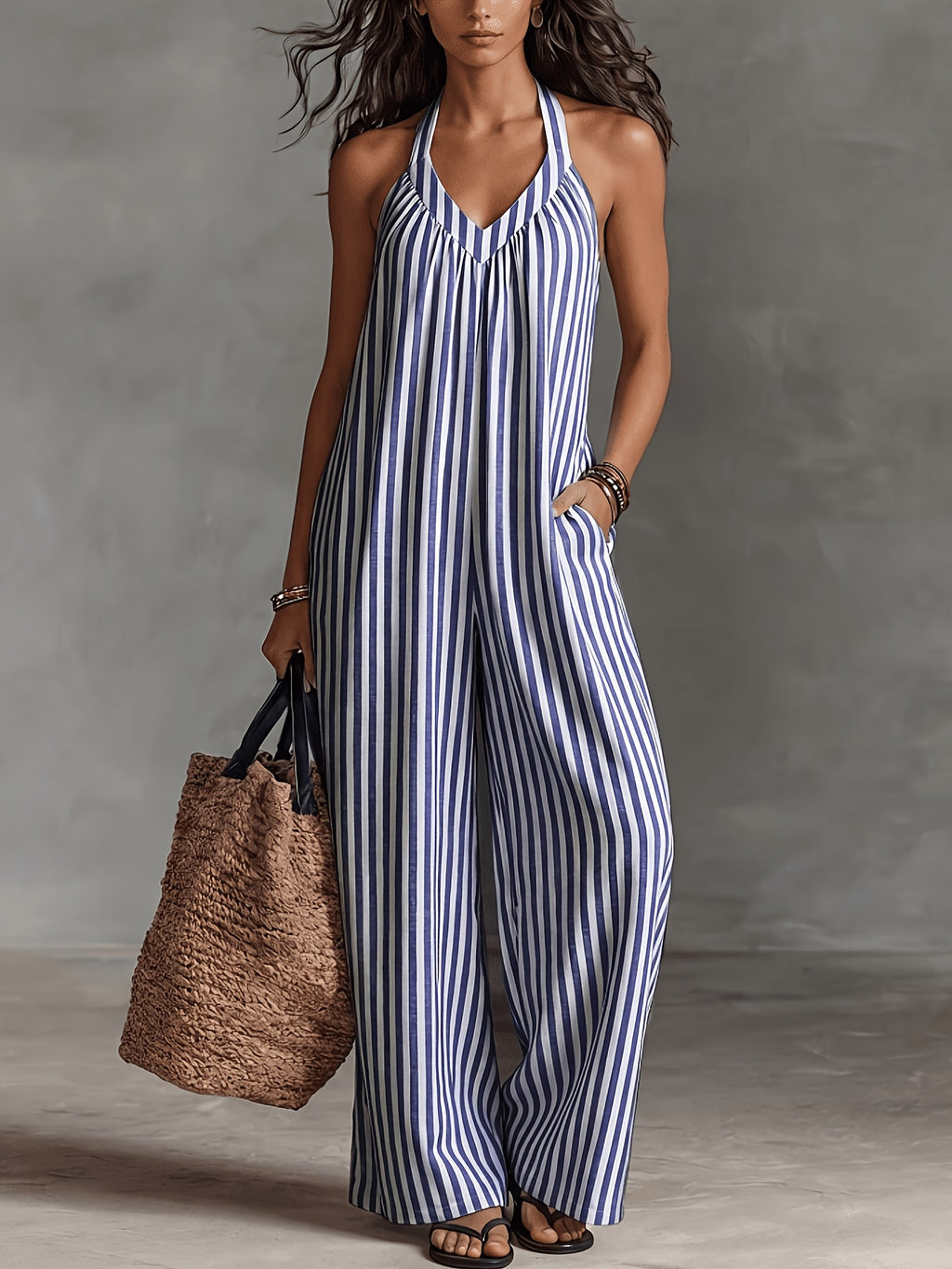 Women'S Casual Sleeveless Loose Striped Jumpsuit for Easter, Labor Day, Birthday, Teacher'S Day, ' Day - Blue