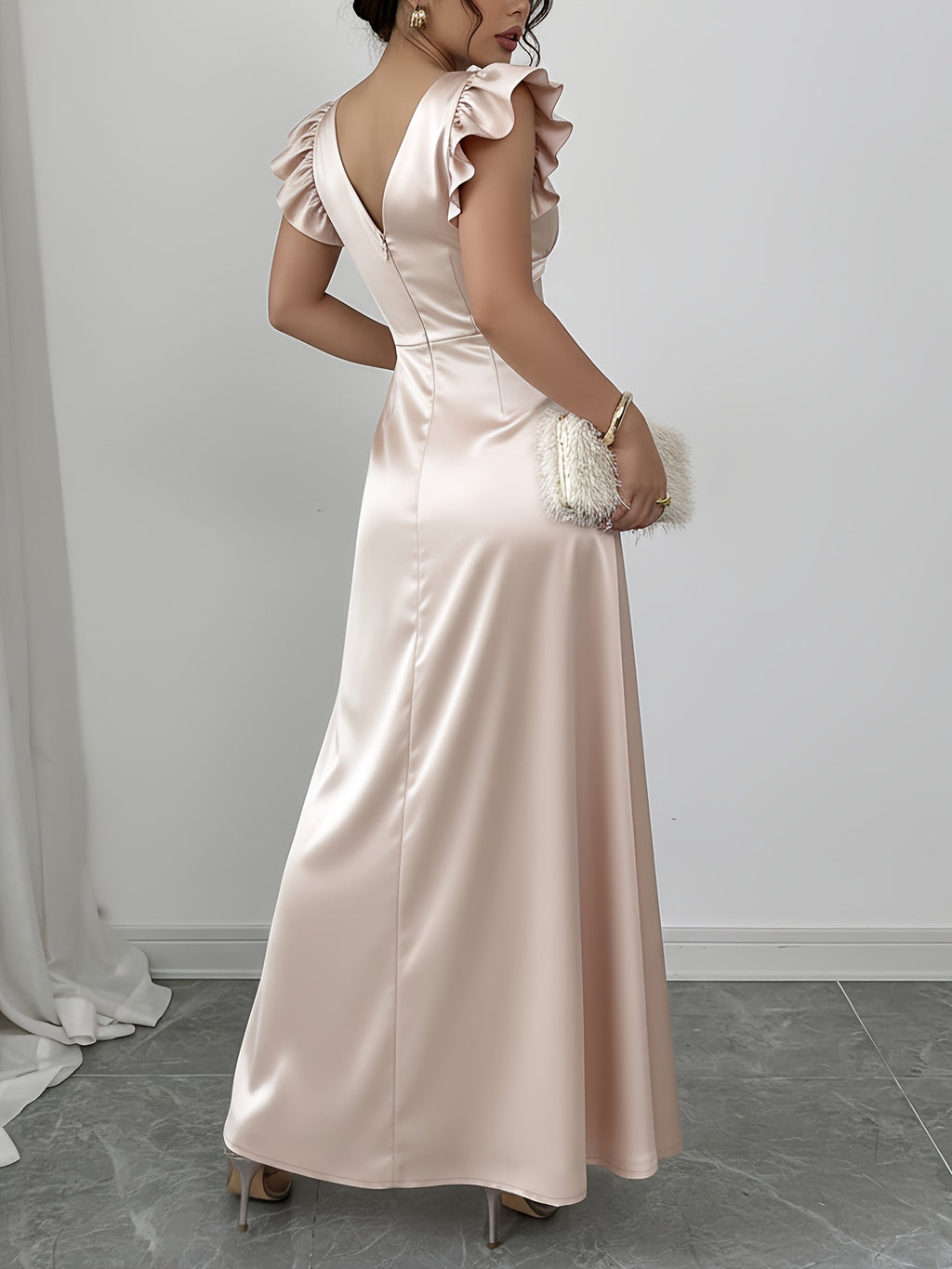 Ladies Elegant Solid Color V-Neck Ruffle Sleeve A-Line Satin Dress - Apricot