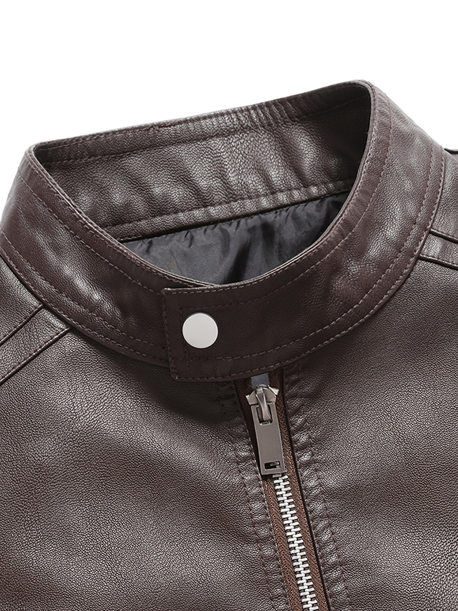 Men's Minimalist Stand-Up Collar Motorcycle Jacket, Windproof, Wear-Resistant, Smooth, Wrinkle-Resistant, Sleek, Slim-Fit, Versatile, Fine Matte Fabric, Classic Stand-Up Collar, Regular Fit, Short Style, Suitable for Urban Outings Winter Clothes - Dark Brown