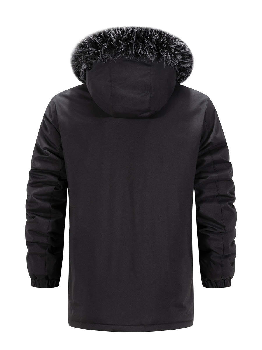 Winter Men's Jacket, Warm Hooded Style Over Jacket, Large Faux Fur Mid Length Jacket for Men, Casual Workwear with Multiple Pockets Jacket, Versatile Thick Jacket for Young and Middle-aged Outdoor Commuting - Black