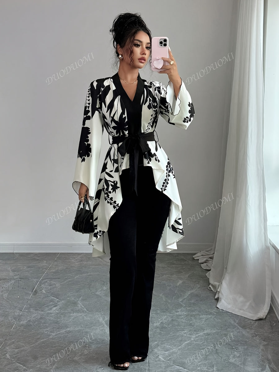 Autumn Women's Floral Print Flare Sleeve Tie-Back Shirt - Multicolor