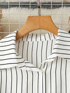 [Size for Regular Fit] Women'S Spring Autumn Elegant Striped Loose Long Sleeve Shirred Blouse, Chain Detail Tie-Waist Shirt - White And Black