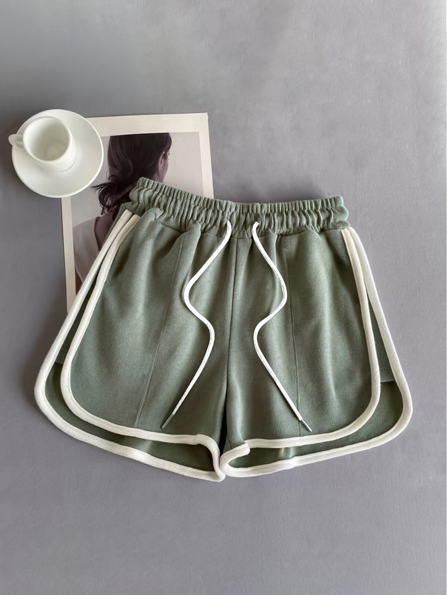 Women's Y2K Streetwear Soft Shorts - Elastic Waist Contrast Trim Lounge Shorts Suitable for Summer Beach,, Casual Wear, Machine Washable Non-Sheer Bottoms with Elastic Waistband - Black And Green