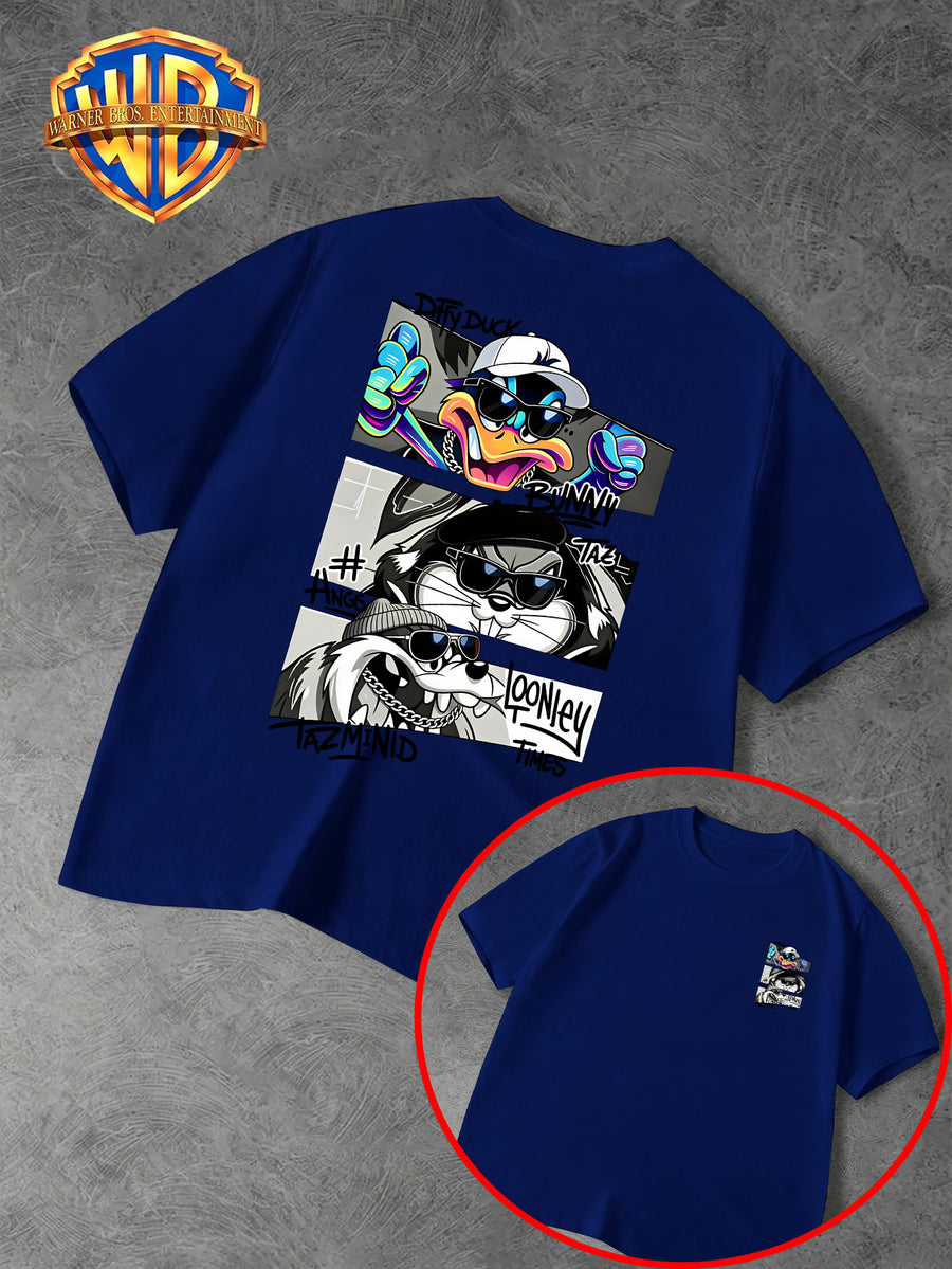 Warner Bros. Official Men's Casual T-Shirt with Double-Sided Print, Featuring a Spliced  Character Streetwear Graphic. Breathable and Comfortable, Versatile for Casual Wear. Print Is Durable, Crack-Resistant, Machine Washable, and Fade-Resistant. - Royal Blue