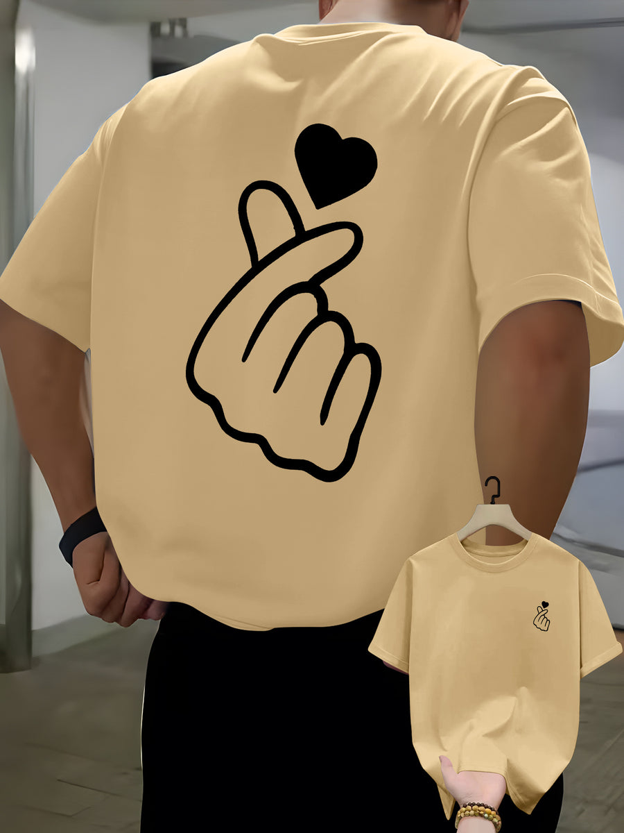 Men's Casual T-shirt with Heart-shaped Hand Gesture Print on Front and Back, Summer Round-neck Short-sleeve T-shirt, Fashionable and Versatile Trendy Short-sleeve Top for Men - Apricot