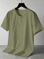 Summer Men's Linen Henley T-Shirts 2pcs, Loose Fit Short Sleeve Casual Tee, Breathable Lightweight Basic Tops for Daily Commute & Home Wear, Simple Versatile Design for Multi-Occasion. - Black+Green