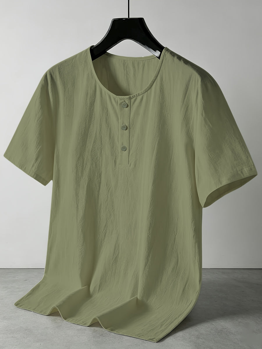 Summer Men's Linen Henley T-Shirts 2pcs, Loose Fit Short Sleeve Casual Tee, Breathable Lightweight Basic Tops for Daily Commute & Home Wear, Simple Versatile Design for Multi-Occasion. - Black+Green