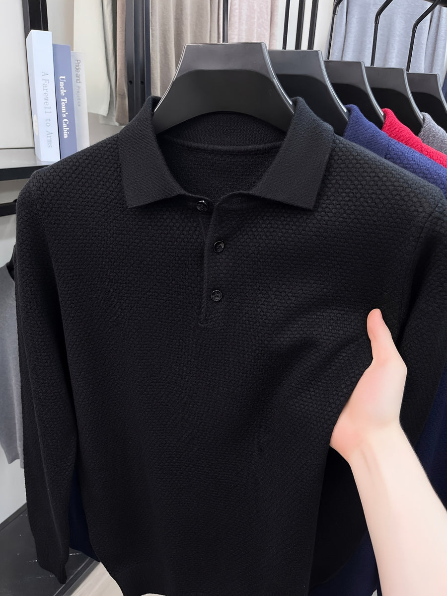 Autumn Men'S Long Sleeve T-Shirt Long Sleeve Pineapple Needle Lapel Business Casual Solid Color POLO Shirt - Black