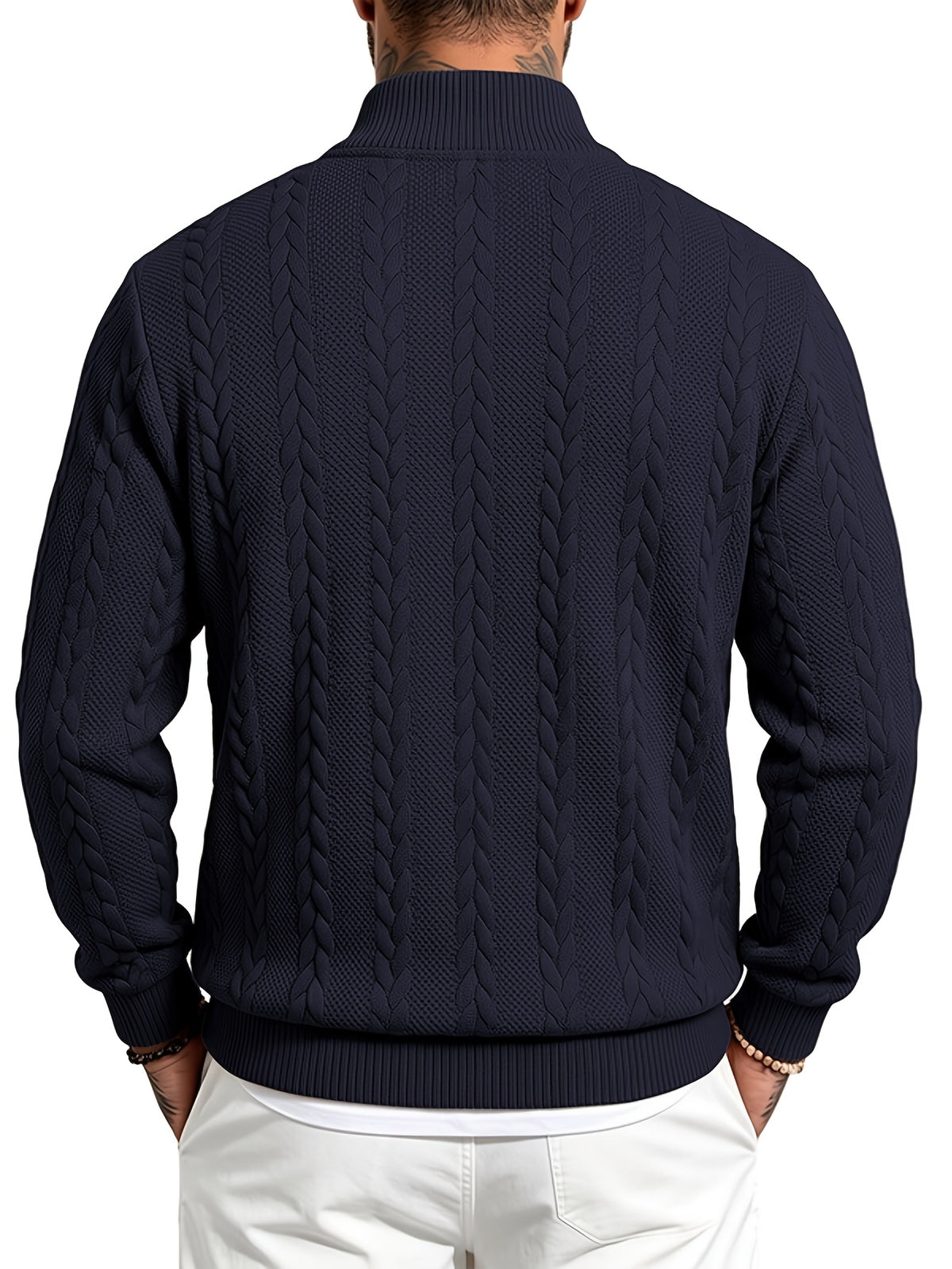 Whale Crossing OBM Men's Spring, Autumn, Winter Classic Fashion Italian Milanese Label Knitted Cable Knit Stand Collar Sweatshirt - Navy Color